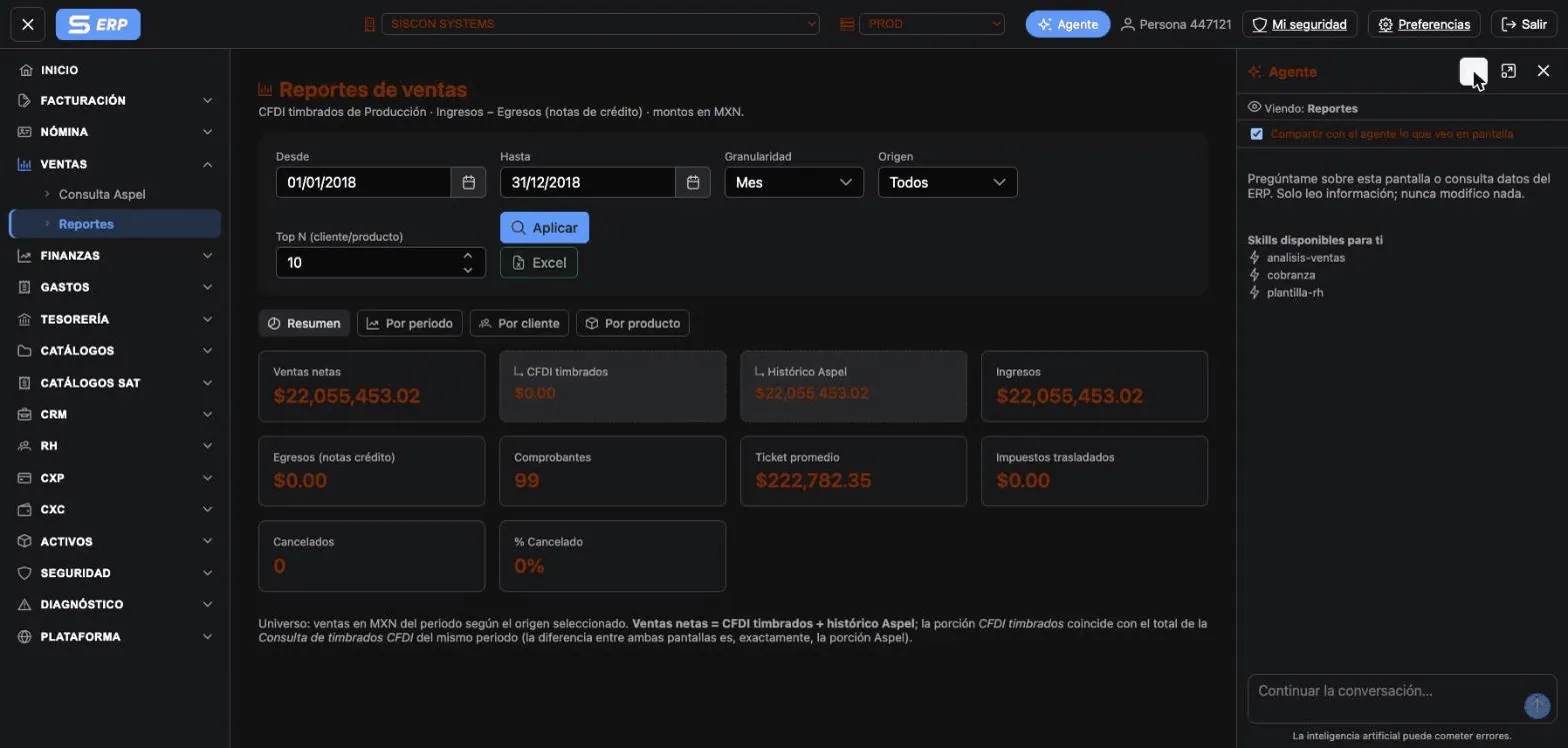Panel del agente de IA dentro del ERP respondiendo preguntas en español con datos de ventas